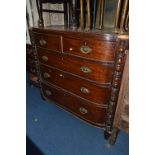 A LATE GEORGIAN MAHOGANY BOWFRONT CHEST, of two short and three long drawers with brass handles,