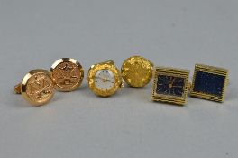AN INTERESTING COLLECTION OF THREE PAIRS OF CUFFLINKS, including Masonic, Jean Perret watch, etc