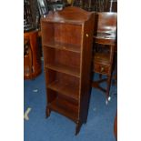 AN EDWARDIAN MAHOGANY AND INLAID OPEN BOOKCASE