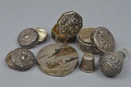 SEVEN MIXED SILVER ITEMS, to include pill boxes, thimble, etc
