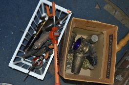 A BOX CONTAINING METAL MISCELLANEOUS, to include blow lamps, epns and horse brasses, etc