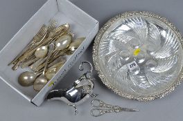 A PLATED WARE FRUIT DISH, with glass lining and a box of plated ware