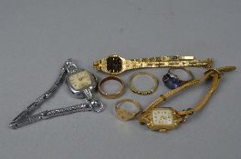 A MISCELLANEOUS JEWELLERY AND WATCH COLLECTION, to include three ladies watches and a gold plated