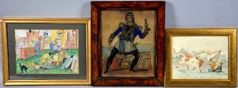 A VICTORIAN COLOURED PRINT OF 'MR FRANKLIN DRESSED AS HEATHCOAT THE PIRATE', hand embellished