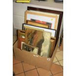 PAINTINGS AND PRINTS, a box of oils on canvas, pastels, watercolours and prints, etc, some unframed,