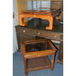 A CHERRYWOOD AND WALNUT FINISH COFFEE TABLE, with glass inserts (missing some glass) matching