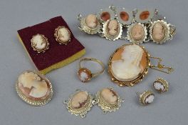A PARCEL OF CAMEO JEWELLERY, including 9ct, rolled gold and silver