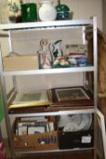 THREE BOXES AND LOOSE SUNDRY ITEMS, to include pictures, coins, jardineres, fur coat, glassware,