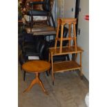 A LIGHT OAK TWO TIER TEA TROLLEY, a mahogany circular occasional table and a pine bar stool (3)