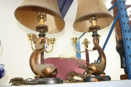 VARIOUS TABLE LIGHTS, to include a pair of 'fish' shaped with shades (smoke stained)