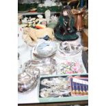 A COLLECTION OF SILVER PLATE, including teapot, loose cutlery, boxed spoons, a silver serving spoon,