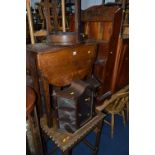 A HARDWOOD WATERFALL OPEN BOOKCASE, oak drop leaf table, oak occasional table, sewing box, plant