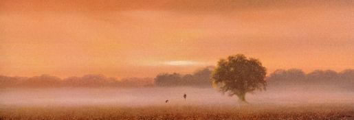 LAWRENCE COULSON, 'A Man Walking a Dog in a Mist Shrouded Field', a limited edition print 32/295,