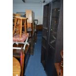 TWO BLACK ASH BOOKCASES, one with a half glazed door, the other open shelves, approximate size of
