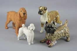 FOUR BESWICK DOGS, to include Cairn Terrier (1st version, with ball) No.1055A, Boxer 'Blue