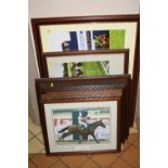 EIGHT COLOUR PHOTOGRAPHS OF RACE HORSES IN ACTION/WINNING, all framed and glazed and mounted with