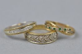 THREE RINGS, to include a modern 14ct gold diamond set band ring, ring size T, estimated total