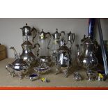 A LARGE COLLECTION OF PLATED WARE, to include water jugs, coffee pots, condiments, etc