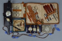 A BOX OF MIXED JEWELLERY, to include three gold watches, two other watches, silver Filigree box,