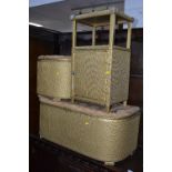 A GOLD PAINTED WICKER OTTOMAN, a similar bedside cabinet and a blanket box (3)