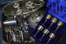 A BOX OF MIXED PLATED WARE, etc