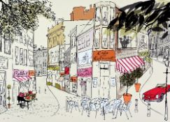 SAM WILSON (BRITISH, 20TH CENTURY), 'Street Scene', a limited edition print 4/195 of shops and cafe,