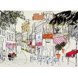 SAM WILSON (BRITISH, 20TH CENTURY), 'Street Scene', a limited edition print 4/195 of shops and cafe,