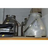 TWO STAINLESS STEEL AND ONE ALUMINUM SHALLOW MILK CHURNS (3)