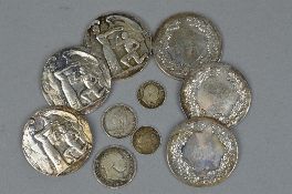 SIX SILVER MEDALIONS AND FOUR SILVER COINS (10), approximate weight 185 grams