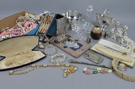 TWO BOXES OF MISCELLANEOUS COSTUME JEWELLERY, silver, plated and glassware, to inclde pair of