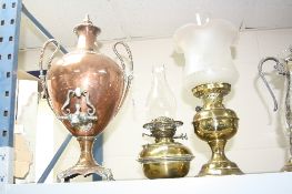 A VICTORIAN NEO CLASSICAL STYLE TWIN HANDLED SAMOVAR OF URN FORM, together with a brass based oil