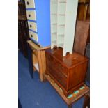A CHERRYWOOD CHEST OF THREE DRAWERS, corner cupboard, kitchen trolley, tile top coffee table,
