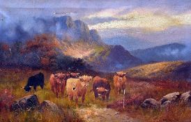 CHARLES W. OSWALD (BRITISH FL.1890-1900), Highland Cattle in a mountainous landscape, oil on canvas,