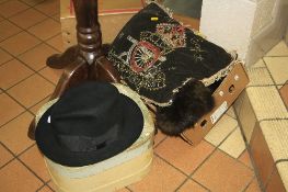 A BOXED WALTER BARNARD & SON LTD BLACK TRILBY, a fur stole and a Royal Artillery embroidered cushion