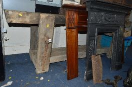 A VINTAGE WOODEN WORK BENCH, with vice attached and an under shelf and one drawer