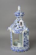 A DUTCH DELFTWARE TABLE LANTERN, ring handle (glued) above a pierced top with moulded lizards, the
