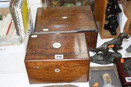 A VICTORIAN ROSEWOOD BOX WITH ENGRAVED MOTHER OF PEARL CARTOUCHE, with stationery compartment and