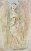 AFTER ROWLANDS, a pen and wash study of an 18th Century beauty standing between a pair of heavy