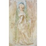 AFTER ROWLANDS, a pen and wash study of an 18th Century beauty standing between a pair of heavy