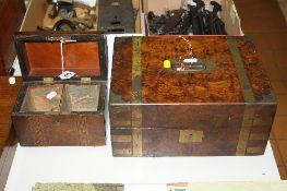 AN INLAID TEA CADDY, with key (missing interior lids), together with brass bound writing box,