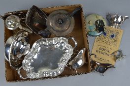A BOX OF MIXED PLATED WARE