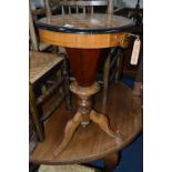 A VICTORIAN MAHOGANY AND INLAID TRUMPET SEWING TABLE, with an inlaid chess board to lid (key)