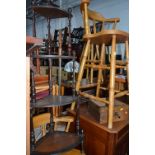 TWO BEECHWOOD BAR STOOLS, a drawer and coffee table, a distressed cake stand and a what not (6)