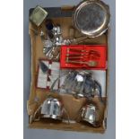 A PLATED THREE PIECE COFFEE SET, two silver napkin rings, plated tray etc
