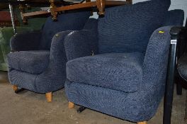 A PAIR OF BLUE CORDOWAY UPHOLSTERED LOUNGE CHAIRS