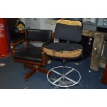 A MID CENTURY OFFICE SWIVEL CHAIR, and a distressed draughtsman's chair (2)