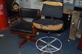 A MID CENTURY OFFICE SWIVEL CHAIR, and a distressed draughtsman's chair (2)