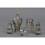 A PAIR OF SILVER SALTS, silver napkin ring, a silver topped perfume bottle (5)