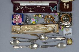 A BOX OF MIXED JEWELLERY, to include gold watch head, costume jewellery, silver spoons, etc