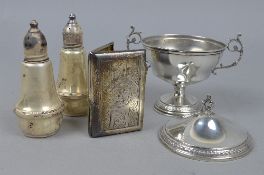 A SILVER CIGARETTE CASE, pepper and salt and covered jar